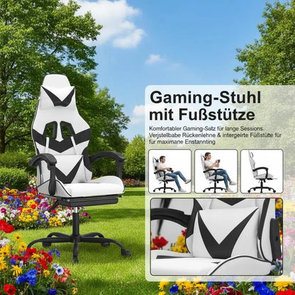 Gaming Chair with Footrest White and Black 57.5X59.5X121-131 cm in Imitation Leather, 360 Swivel Reclining Seat ° Can Carry 110 kg