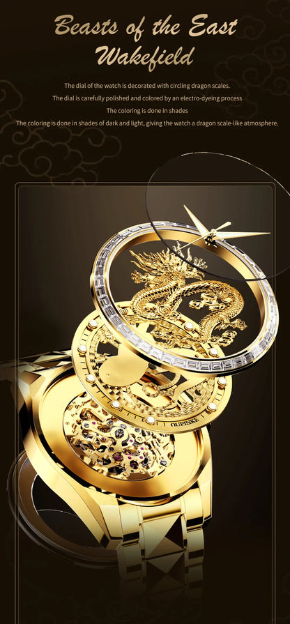 Reloj para hombre OUPINKE de marca de lujo, oro y acero de tungsteno, original, automático mecánico, con esfera decorada con motivo de dragón