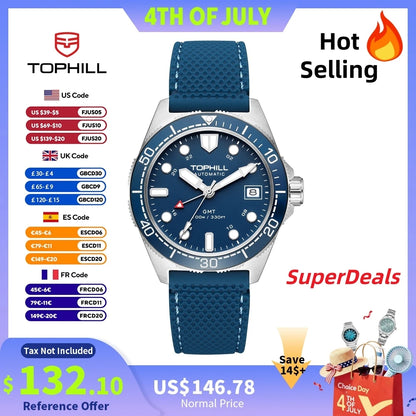 Tophill 39.5mm Automatic NH34 GMT Watch Swim 3H Date Window Mechanical C3 Green Lume 100M Waterproof Sapphire Crystal TD011G