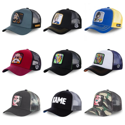 Dragon Ball Son Goku-Kappe, Sommer-Reisekappe mit Schirm, Herren-Kappe mit Stickerei, im Hip-Hop-Stil, Sonnenvisier, verstellbare Trucker-Kappe aus Netzstoff