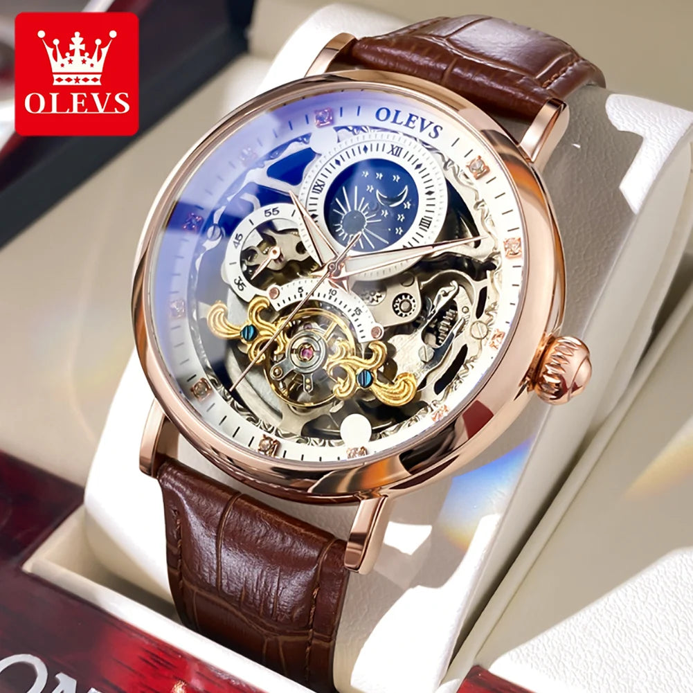 OLEVS Brand 2024 Fashion Moon Phase Skeleton Mechanical Watch for Men Sport Leather Waterproof Luxury Tourbillon Watches Mens