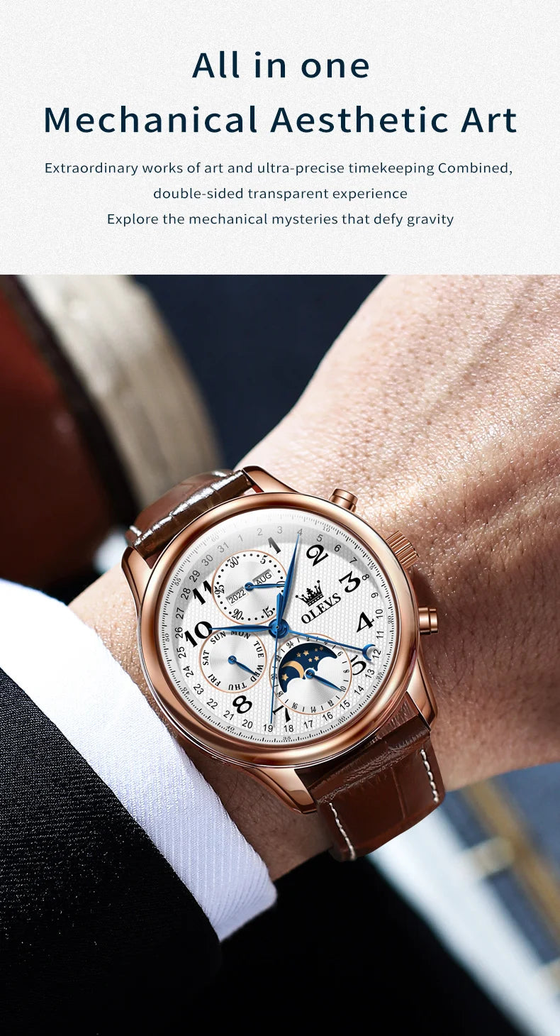 OLEVS 6667 Mens Watch Multifunctional Chronograph Mechanical Watch Leather Strap Moon Phase Watches For Man Luxury Original