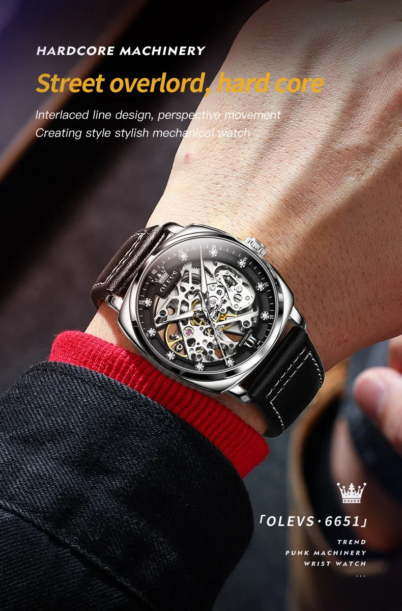 OLEVS 6651 Men's Watch Classic Automatic Mechanical Watch For Men Hollow Skeleton Clock Luxury Leather Waterproof Wrist Watches