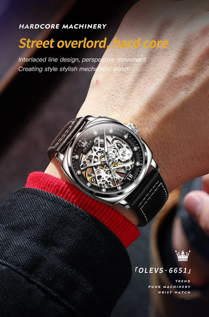 OLEVS 6651 Men's Watch Classic Automatic Mechanical Watch For Men Hollow Skeleton Clock Luxury Leather Waterproof Wrist Watches