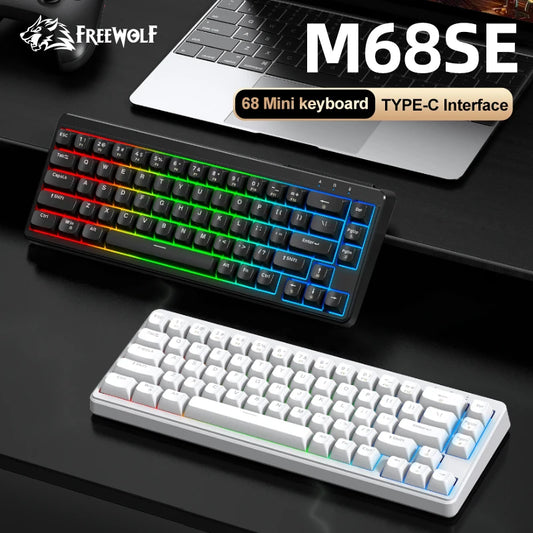 FREEWOLF M68SE 68% Mini Wired Keyboard RGB Backlit Silent Mechanical Feel Type-C Detachable Cable for PC Mac