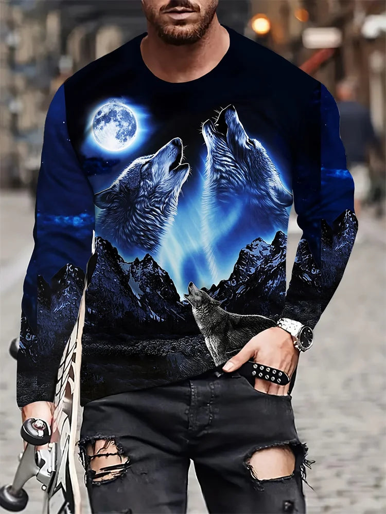 2024 New Wolf Print Men's Long Sleeve T-shirt Spring And Autumn Men's Daily Casual Shirt Street Fashion Men's Long Sleeve T-shir