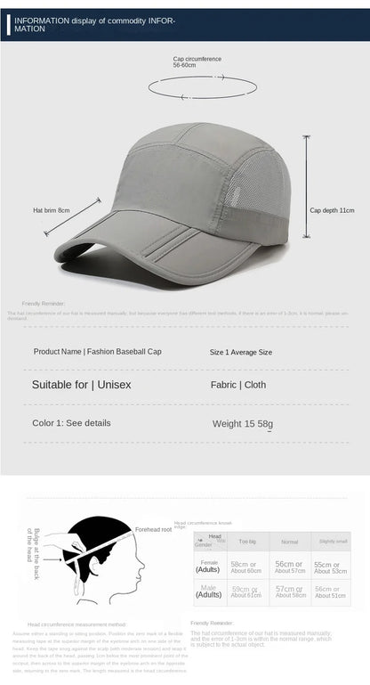 Men Women Quick Dry Baseball Cap Breathable UV Protection Mesh Sun Hat Adjustable Outdoor Sport Caps for Hiking Camping Fishing