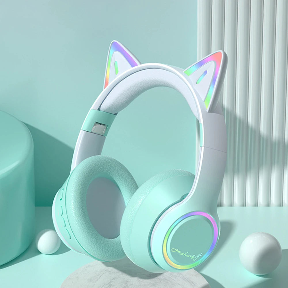RGB Cat Ear Bluetooth Headphones Wireless Kids Headset with Microphone, Gradient LED Light Gaming Headphones, Stereo Music Bluetooth 5.3 Earphones for Girls