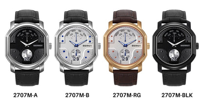 BERNY Tonneau Classic Men's Watch Quartz Luxury Top Watches Ronda 7004N Day Stainless Steel Sapphire Pendulum Dial Watch for Men