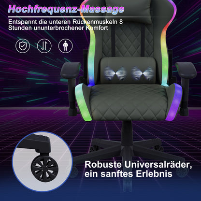 Anajqaqia Gaming Chair RGB LED Light Lumbar Massage Adjustable 90-135° Backrest Ergonomic Office Chair