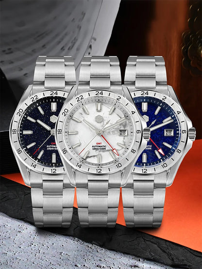 Relógio de Luxo para Homem San Martin 39mm com Mostrador em Pedra Aventurina, NH34 GMT Automático Mecânico, Safira, Impermeável e Luminescente SN0129