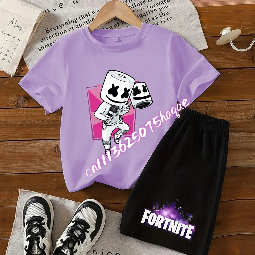 Σετ παιδικό Fortnite με T-shirt και σορτς, μπλουζάκι με εκτύπωση cartoon φιγούρας, καλοκαιρινό casual αθλητικό ένδυμα για αγόρια