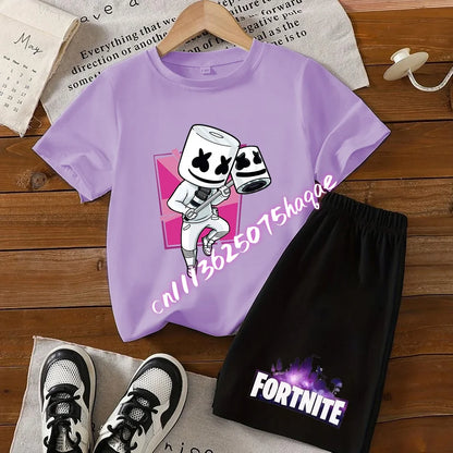 Σετ παιδικό Fortnite με T-shirt και σορτς, μπλουζάκι με εκτύπωση cartoon φιγούρας, καλοκαιρινό casual αθλητικό ένδυμα για αγόρια