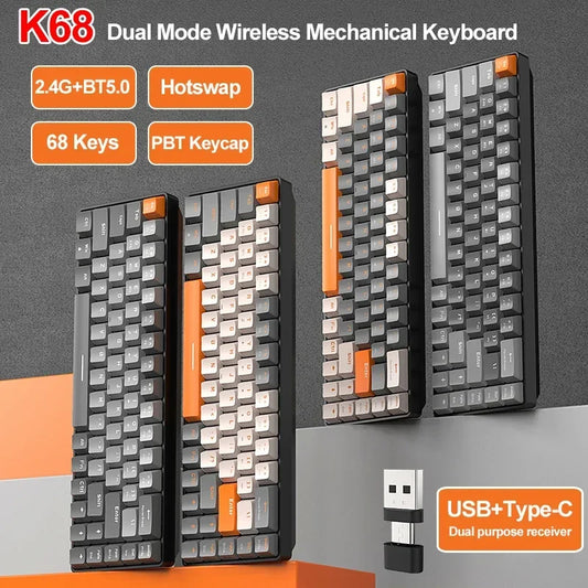 K68 2.4G/BT5.0 Wireless Gaming Mechanical Keyboard 68 Keys Hotswap Mini Gaming Mechanical Keyboard PBT Keycaps 65% Keyboards
