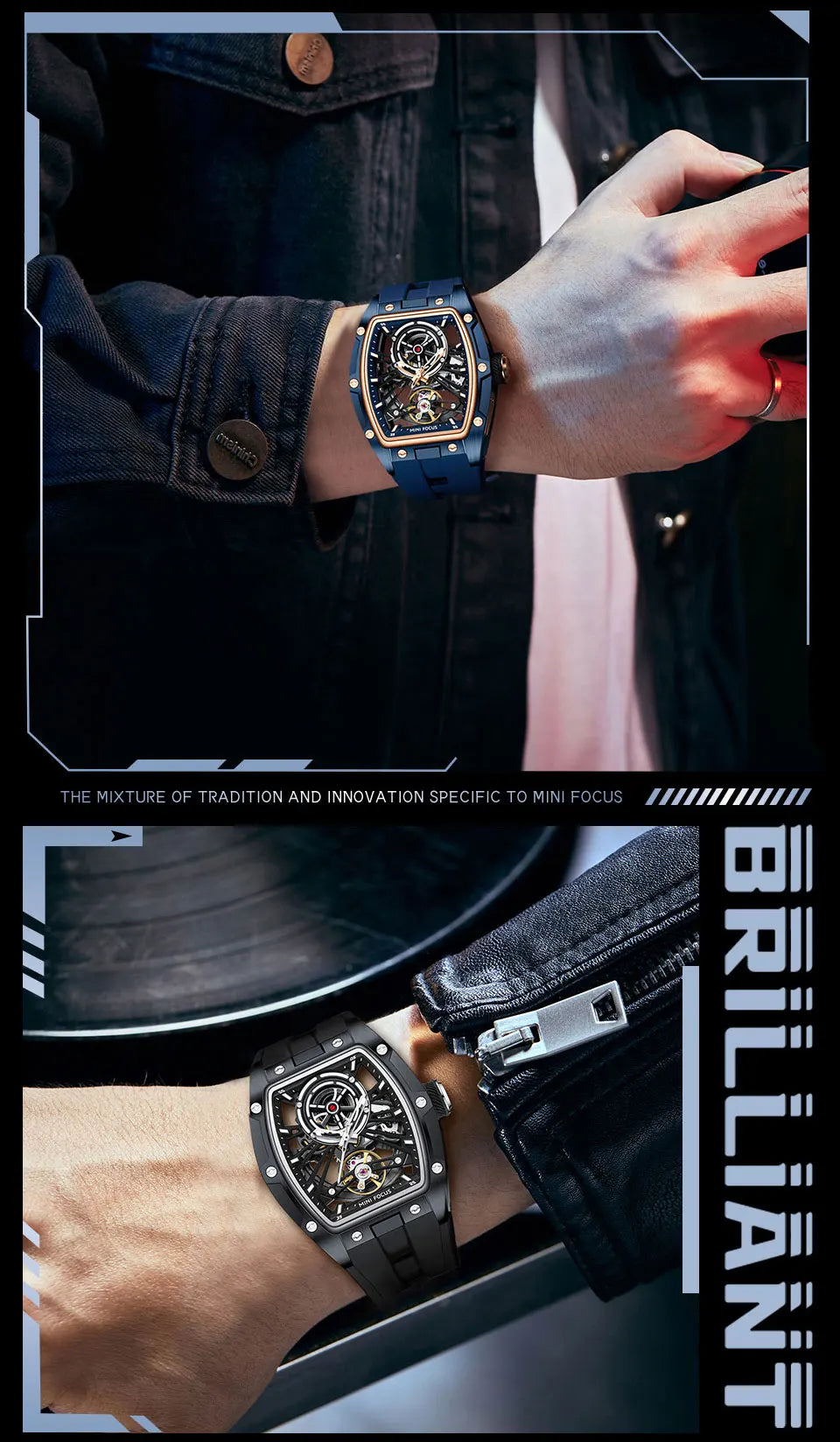 MINI FOCUS Men Wristwatch Fashion Black Waterproof Automatic Mechanical Watch with Luminous Hands Silicone Strap Tonneau Dial