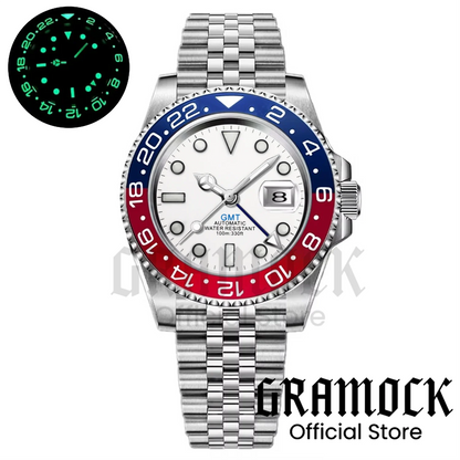 Gramock White Dial Blue GMT 40MM Watch For Men Roating Bezel Sapphire Glass Waterproof Reloj Hombre NH34A Mechanical Wristwatch