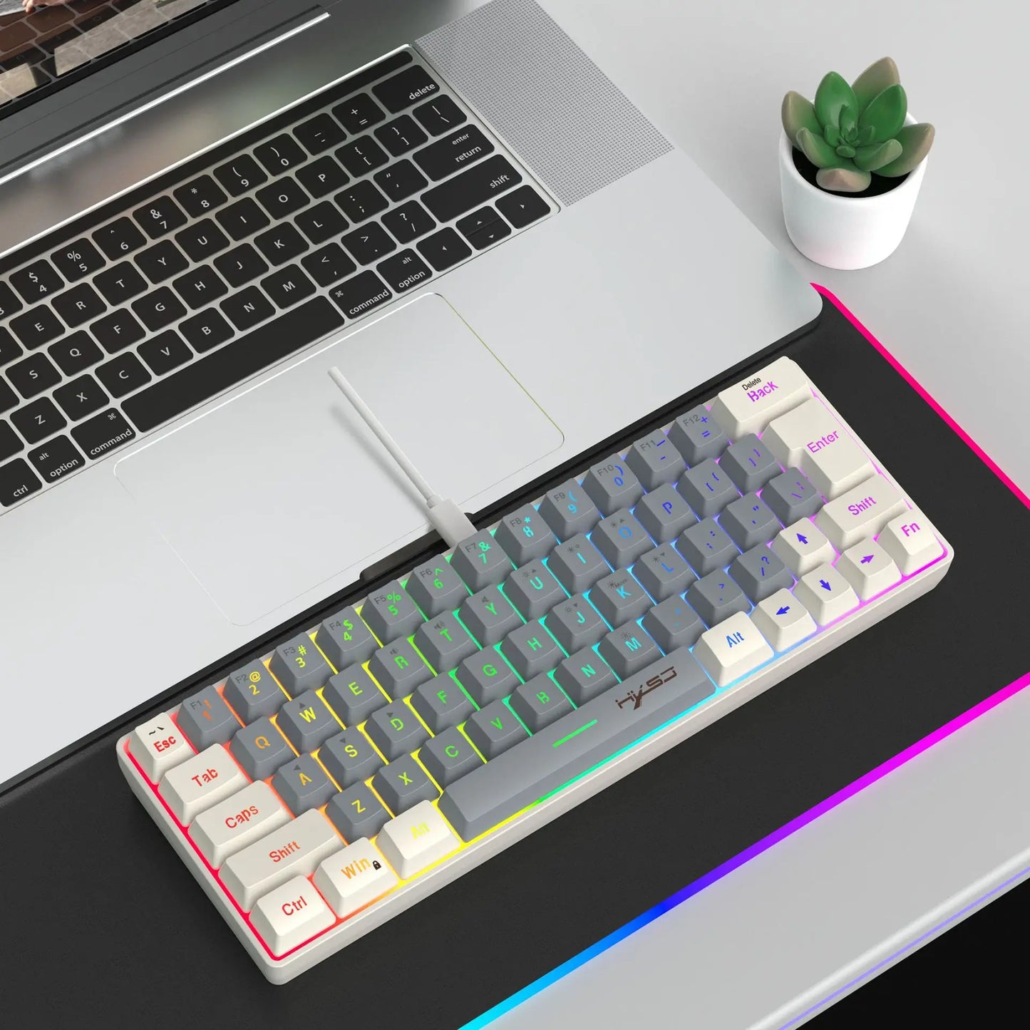 Keyboard RGB USB wired 63 keys gaming gamer compact  mini pc keyboards for trips,office,games business key board (Grey&Orange)