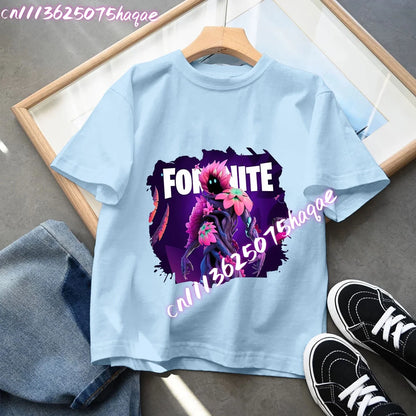 Camiseta azul de algodón para niños Fortress Night, manga corta, diseño kawaii de dibujos animados para niño y niña, ropa de verano, regalo
