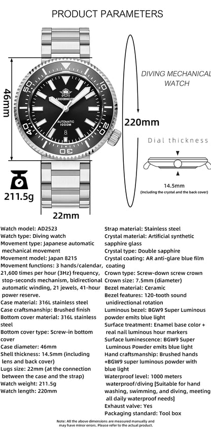ADDIESDIVE Men's Luxury Watch 1000m Diver's Watch Waterproof Luminous Sapphire Glass Reloj Hombre Automatic Mechanical Watches