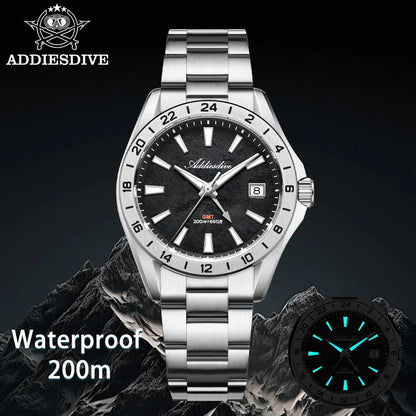 ADDIESDIVE GMT Men Quartz Watch Sapphire Crystal Swiss Ronda 515-24H Dual Time BGW9 Super Luminous 20Bar Waterproof Diver Watch