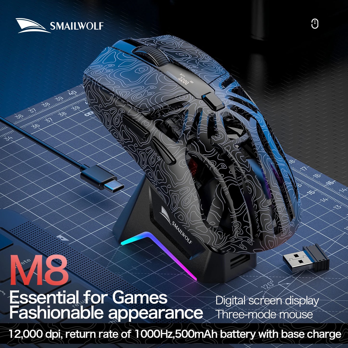 SMAILWOLF M8 Wireless Bluetooth Tri-Mode Mouse Lightweight PAW3311 Gaming RGB Magnetic Charging 12000dpi Gaming Mouse