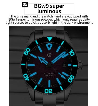 Upgraded Model 9017 Automatic Watch Mechanical 3D Dimensional Luminous Watch Needle Ceramic Bezel 150 Meters Waterproof Diving