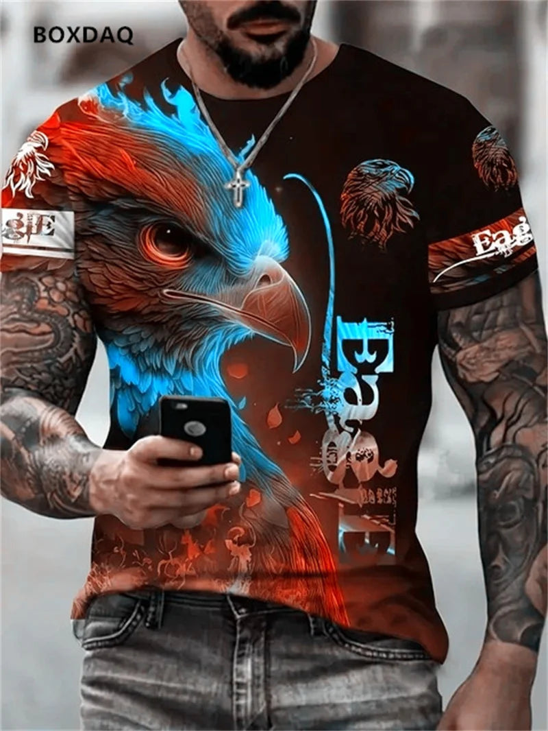 Luźny męski T-shirt Fashion Eagle z okrągłym dekoltem, casualowy top z krótkim rękawem, uliczny T-shirt z nadrukiem 3D zwierzęcia, rozmiar do 6XL, oddychająca koszulka
