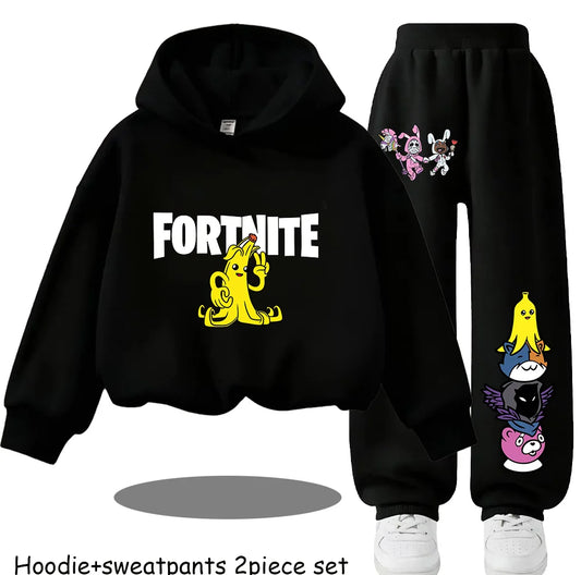 Fortnite Kinder-Set für Frühling und Herbst: langärmliges Kapuzen-Sweatshirt und Hose mit Gaming-Cartoon-Print für Jungen