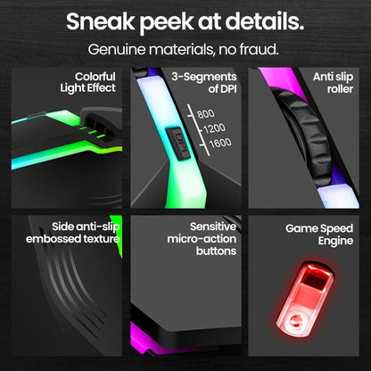 RGB bedrade muis met achtergrondverlichting, mute-knop en USB – bedrade USB-gamingmuis voor desktop-pc, notebook, computer, thuis en kantoor, met lichtgevende LED en 1600DPI