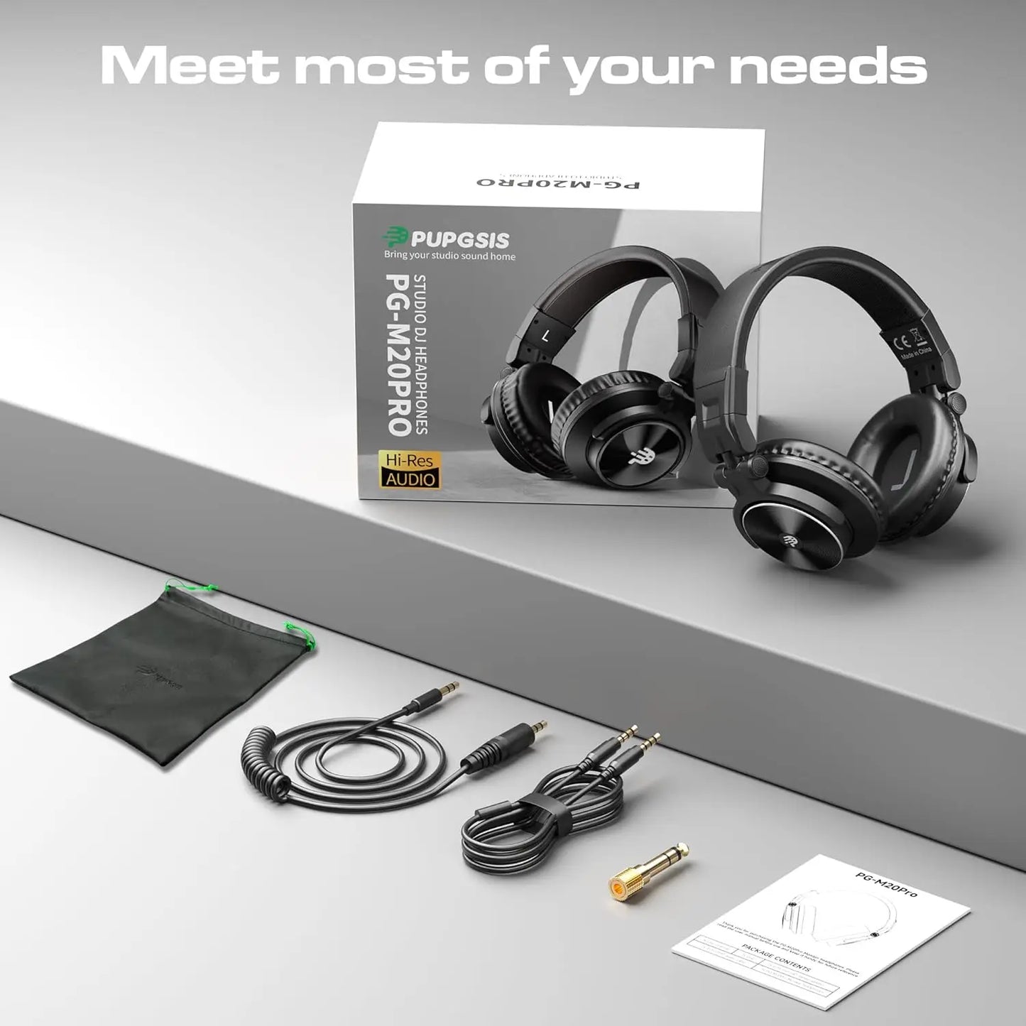 PUPGSIS Studio Monitor Headphones, Over Ear Headphones Wired, Professional 40kHz Hi-Res DJ Stereo Headphones - 1/4 to 3.5mm Jack