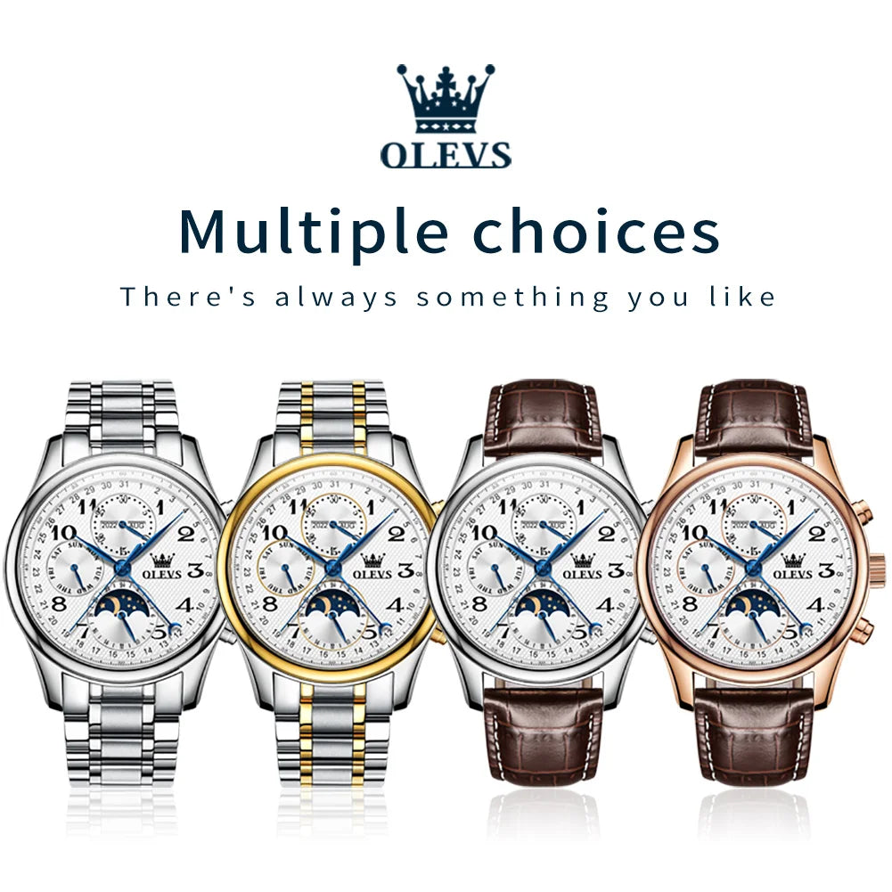 OLEVS 6667 Mens Watch Multifunctional Chronograph Mechanical Watch Leather Strap Moon Phase Watches For Man Luxury Original