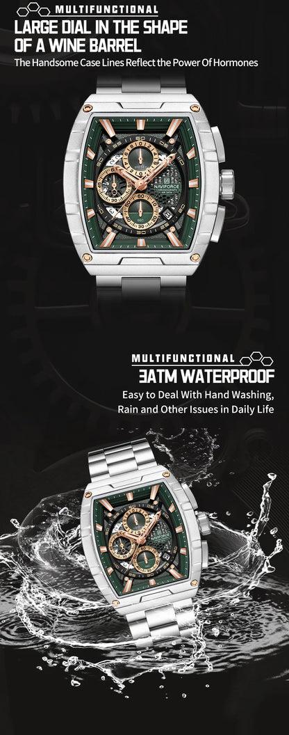NAVIFORCE Luxury Chronograph Quartz Watch for Men Fashion Tonneau Stainless Steel Man Watches Waterproof Luminous WristWatch