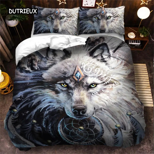 3D Wolf Beddengoedset Zwart Wit Dromenvanger Tribale Stijl Dekbedovertrek voor Tieners Volwassenen Vrouwen Mannen Slaapkamerdecoratie