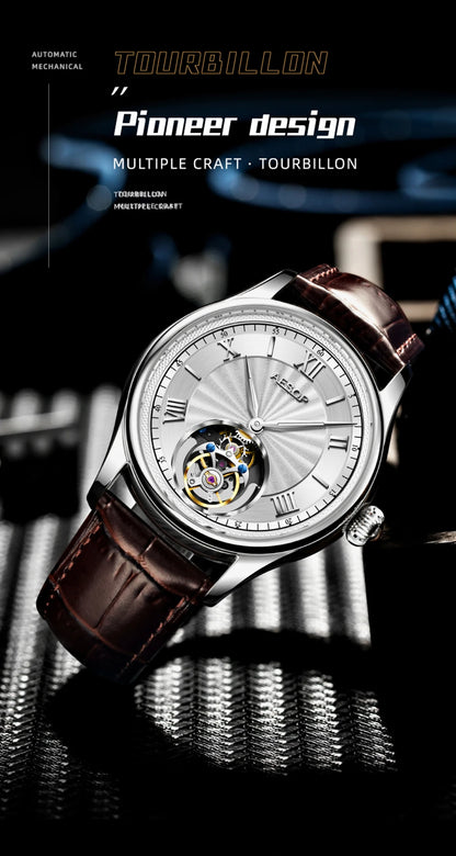 AESOP Mens Mechanical Wristwatches Flying Tourbillon Movement Skeleton Watch for Men Man Luxury Clocks Real Tourbillon Watch