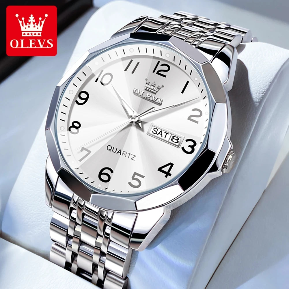 OLEVS 9970 Men Watch Original Brand Waterproof Luminous Quartz Watch Rhombus Mirror Stainless Steel Date-Day-Date Watch With Box