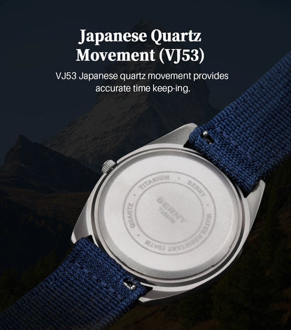 BERNY Titanium Watches for Men Date Week Calendar Sapphire Quartz Watch 38mm Super Luminous Men's Wristwatch 10ATM Lightweight
