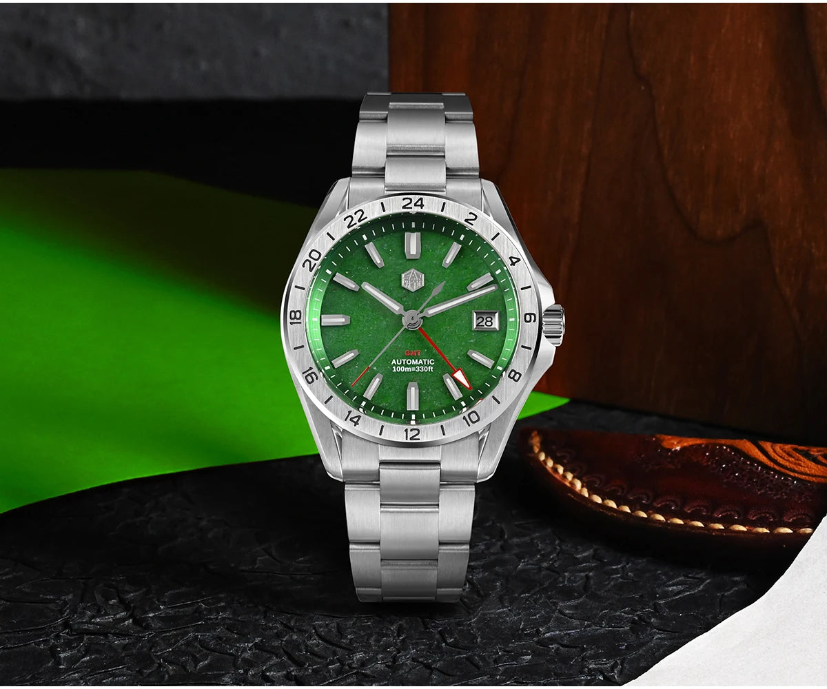 Relógio de Luxo para Homem San Martin 39mm com Mostrador em Pedra Aventurina, NH34 GMT Automático Mecânico, Safira, Impermeável e Luminescente SN0129