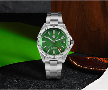 Relógio de Luxo para Homem San Martin 39mm com Mostrador em Pedra Aventurina, NH34 GMT Automático Mecânico, Safira, Impermeável e Luminescente SN0129