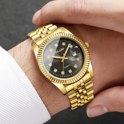 Luxury Men Business Watches Fashion Rhinestone Steel Calendar Quartz Watch Reloj Hombre Clock Gift（Without Box）