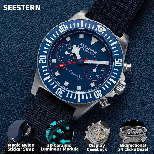 SEESTERN Chronograph Man of Watch Mechanical Tianjin ST1901 Movement Sapphire Wristwatches Nylon Sticker Strap Luminous Skeleton