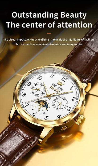 OLEVS 6698 Mens Watch Luxury Dress Brand Moon Phase Automatic Mechanical Watch For Men Leather  Waterproof Dual Calendar Watch
