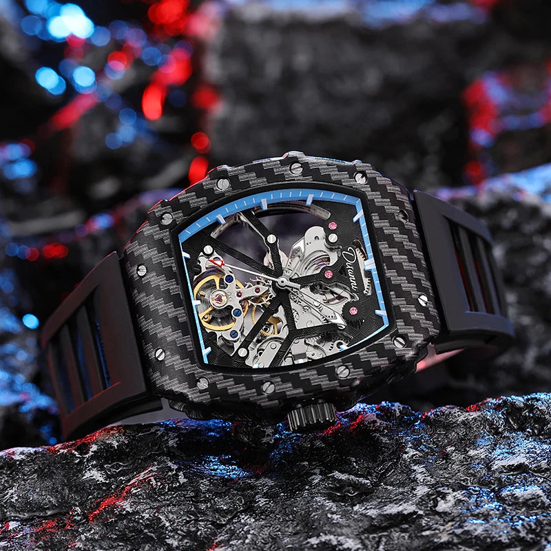 Mechanické hodinky s tourbillonem pro muže, silikonový řemínek, skeletové, tvaru tonneau, automatické, luxusní pánské hodinky Reloj Hombre