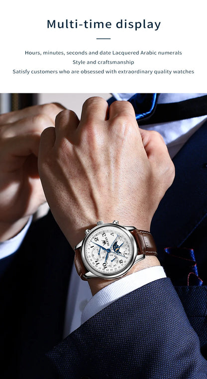 OLEVS 6667 Mens Watch Multifunctional Chronograph Mechanical Watch Leather Strap Moon Phase Watches For Man Luxury Original