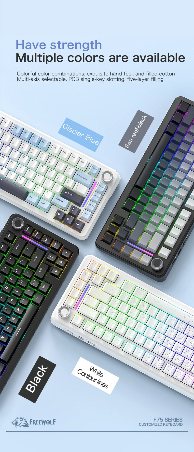 F75 Mechanical Keyboard FREEWOLF 81 Keys Layout Metal Knobs PBT Keycaps, Fully Hot-swappable Keys RGB Multi-color Backlighting