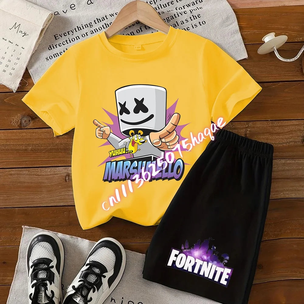 Σετ παιδικό Fortnite με T-shirt και σορτς, μπλουζάκι με εκτύπωση cartoon φιγούρας, καλοκαιρινό casual αθλητικό ένδυμα για αγόρια