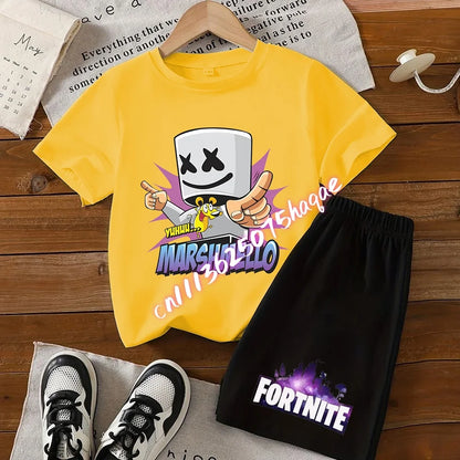 Σετ παιδικό Fortnite με T-shirt και σορτς, μπλουζάκι με εκτύπωση cartoon φιγούρας, καλοκαιρινό casual αθλητικό ένδυμα για αγόρια