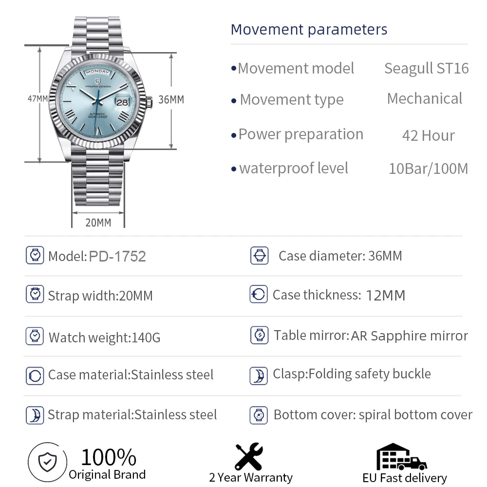 PAGANI DESIGN DD36 Luxury Automatic Watch For Men AR Sapphire Glass Stainless steel Mechanical  Wristwatch EU Warehouse delivery