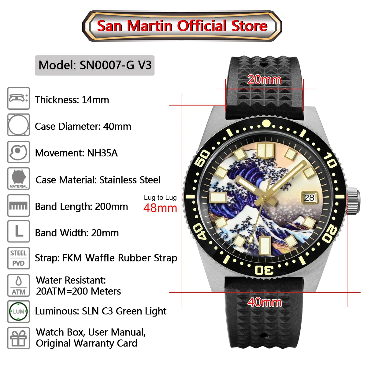 San Martin Official 40mm 62mas V3 Diver Watch For Men Kanagawa Surfing Dial NH35 Automatic Mechanical 20Bar Rubber Strap SN0007