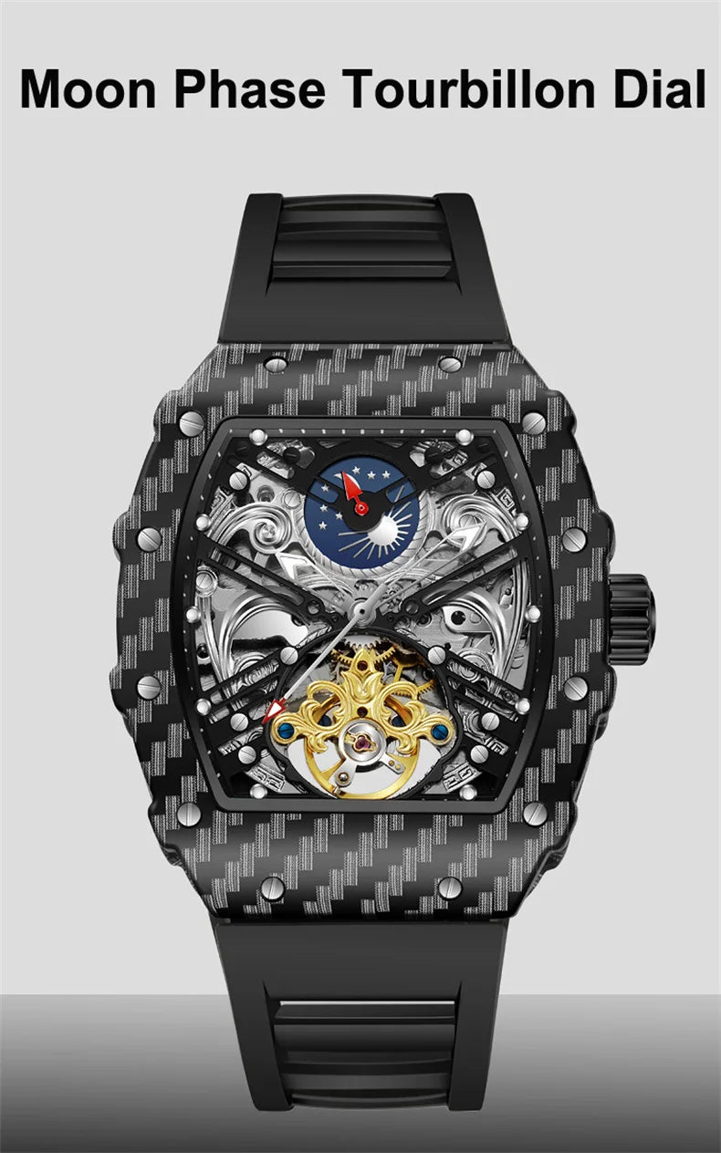Mechanické hodinky s tourbillonem pro muže, silikonový řemínek, skeletové, tvaru tonneau, automatické, luxusní pánské hodinky Reloj Hombre
