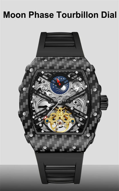 Mechanické hodinky s tourbillonem pro muže, silikonový řemínek, skeletové, tvaru tonneau, automatické, luxusní pánské hodinky Reloj Hombre